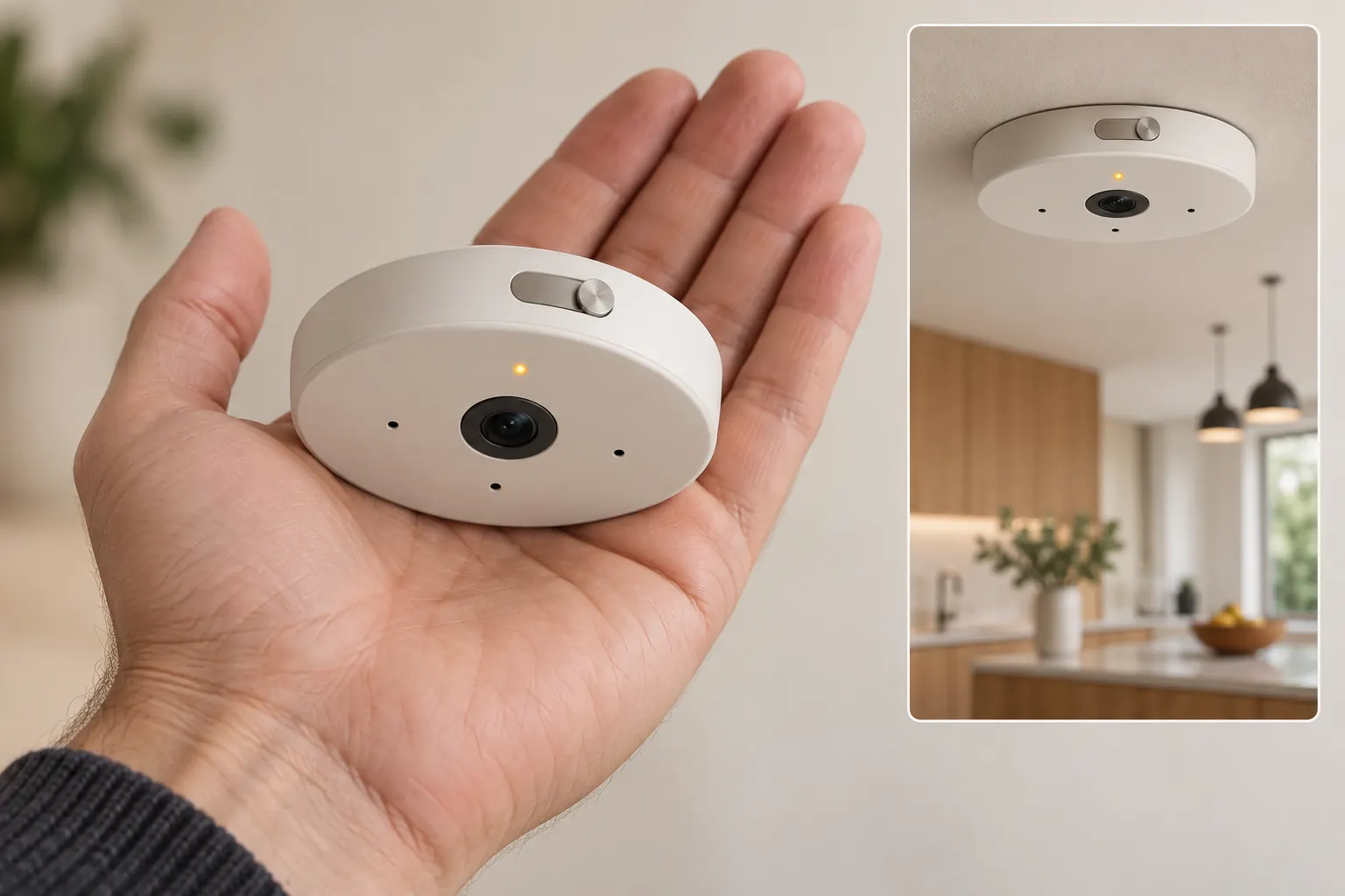 Concept render: a palm-sized ceiling sensor held in hand, with the installed view beside it.