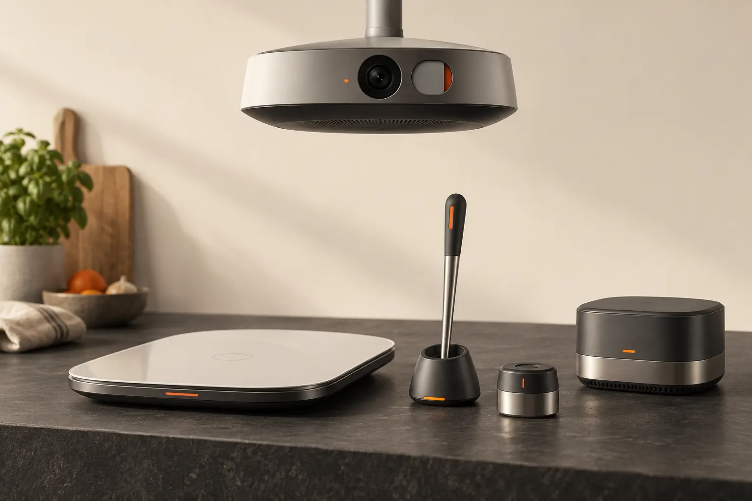 Concept render: a family of coordinated kitchen devices — vision, probe, scale, thermal, and hub.
