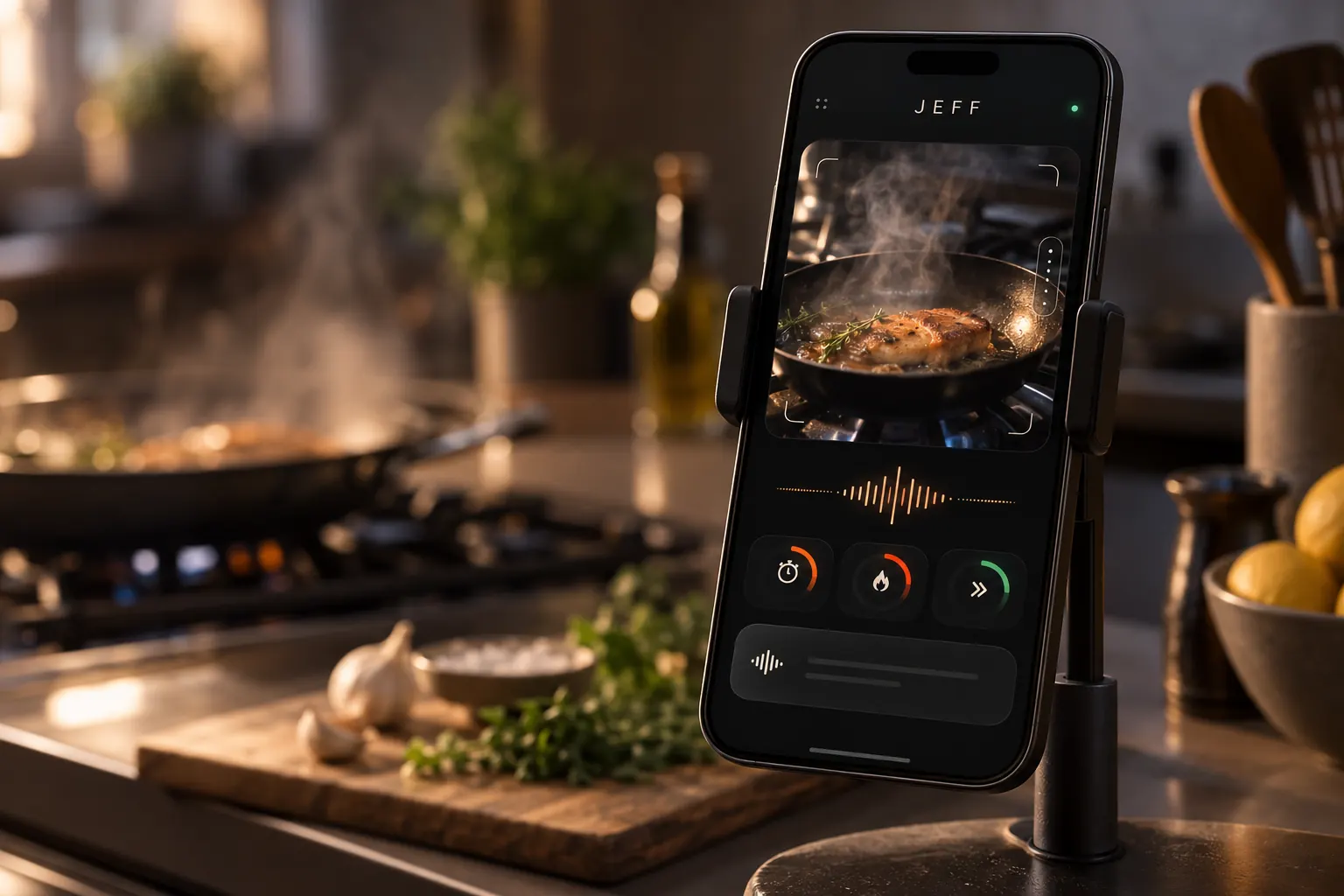 Concept render: the live session interface on a phone, showing the current state of the cook.